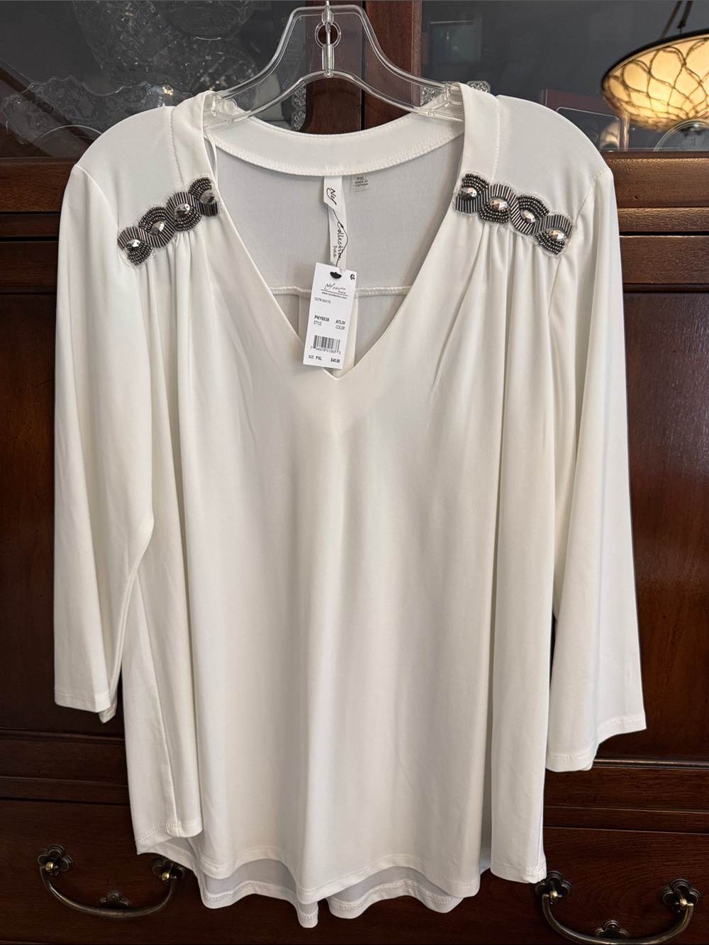 NY Collection White V-Neck Long Sleeve Top with Metallic Shoulder Accents
